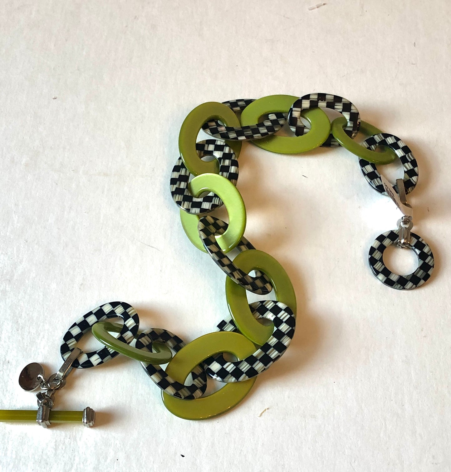 Pre-Owned Mackenzie Childs Green & Black Checkered Lucite Tulip Liaison Necklace, 16”