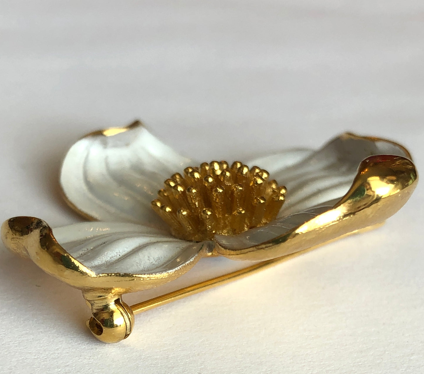 1960’s Signed Crown Trifari Enamel & Gold-Tone Dogwood Brooch