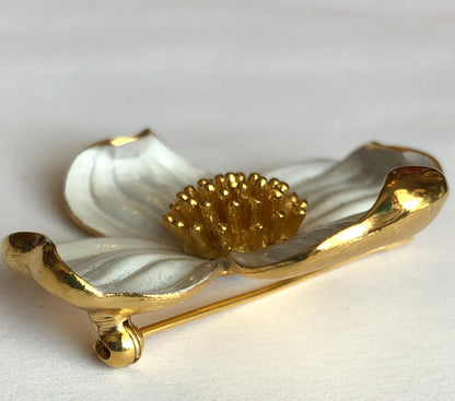 1960’s Signed Crown Trifari Enamel & Gold-Tone Dogwood Brooch