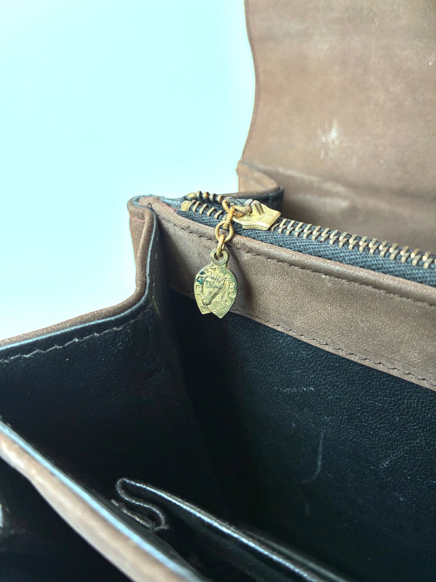 1960’s Areito Brown Suede  & Gold-tone Accordion Double Handled Box Handbag