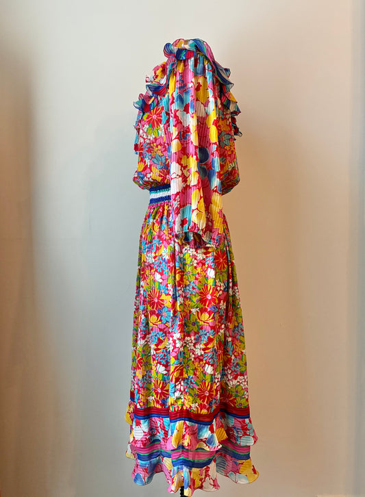 1980’s Diane Freis Ruffled Floral on Stripe Sheer Dress, Size Medium