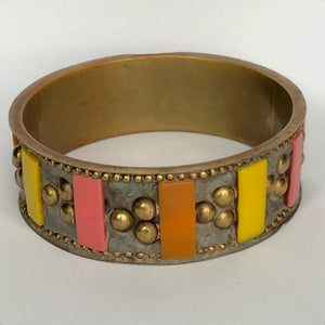 Vintage Colorful Inlayed Brass Tone Beaded Metal Bangle Bracelet
