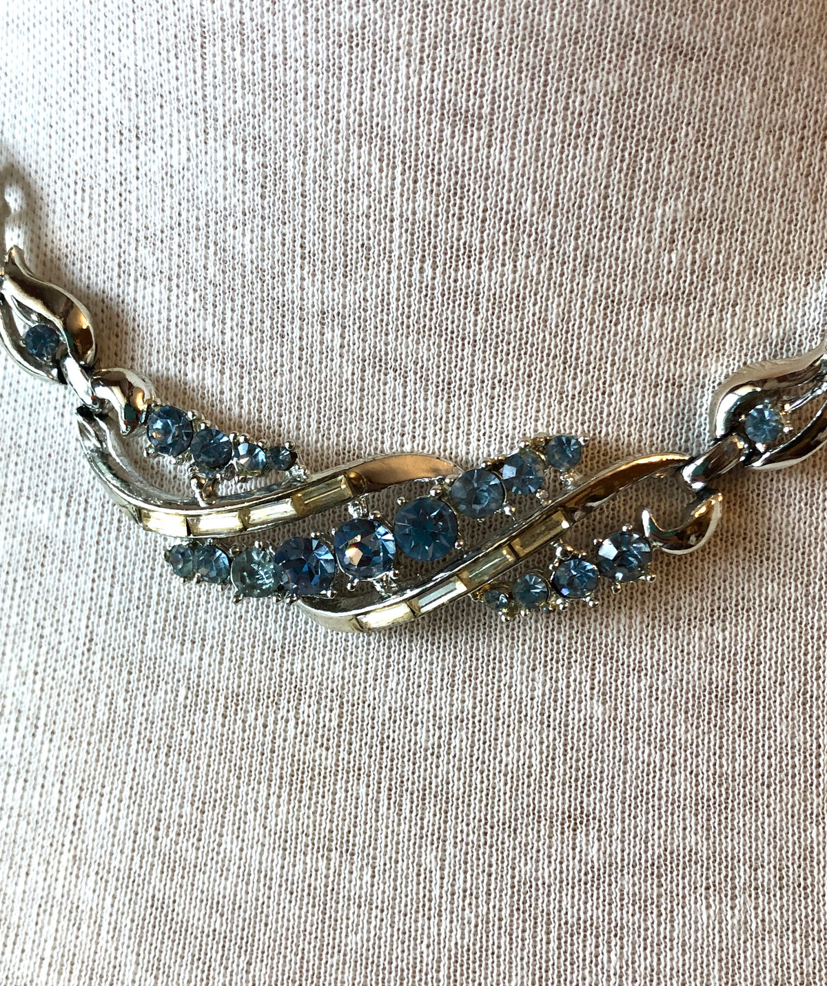 Mid Century Coro Baguette & Round Rhinestone Swirl and Bar Link Choker, 14-17”