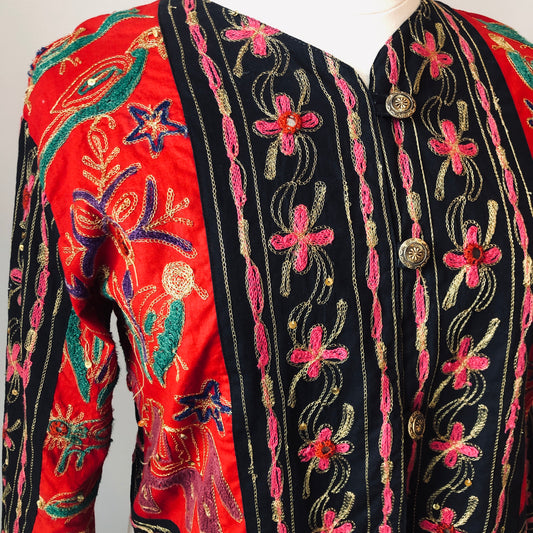Vintage Passports Artisan Embroidered Elephant/Bird 100% Cotton Cropped Jacket, Size Large