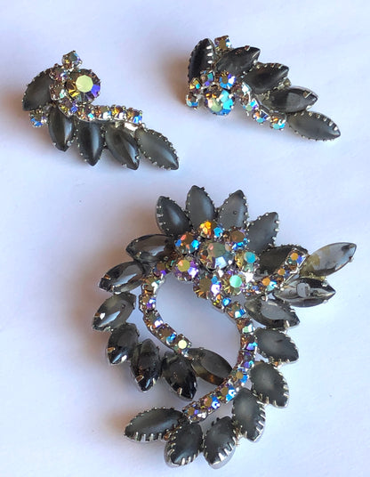 1950’s 3-Pc Smokey Glass Marquis Stone and Aurora Borealis Unsigned Juliana Style Cocktail Brooch and Clip Earring Set