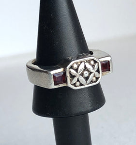 Vintage Stamped Brighton Carved 925 Sterling and Garnet Ring, Size 6