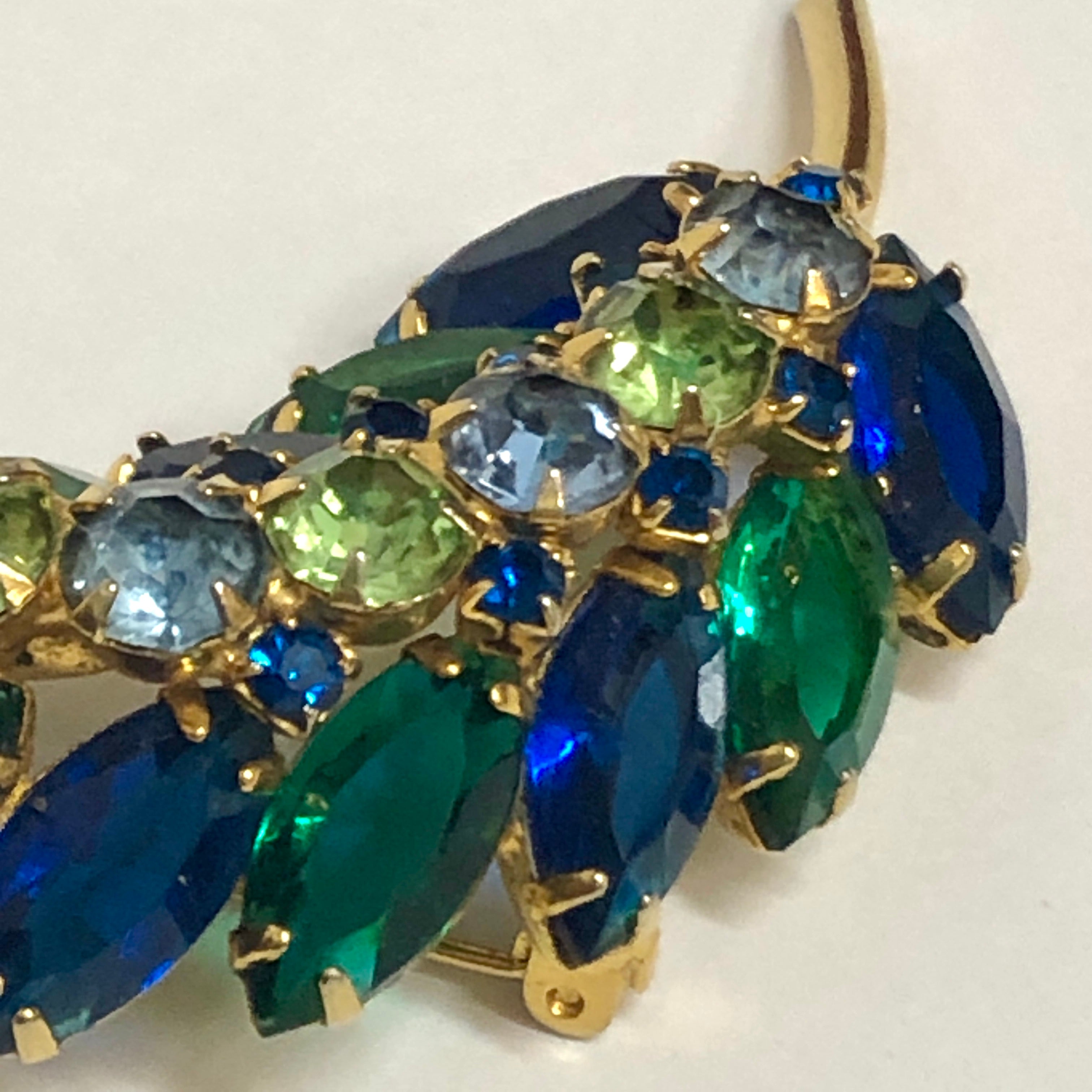 Vintage Mid Century Faceted Marquis Rhinestone Leaf Brooch