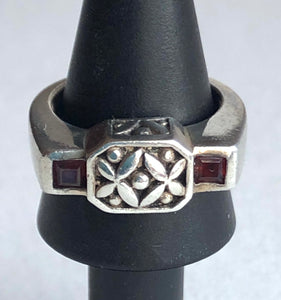 Vintage Stamped Brighton Carved 925 Sterling and Garnet Ring, Size 6