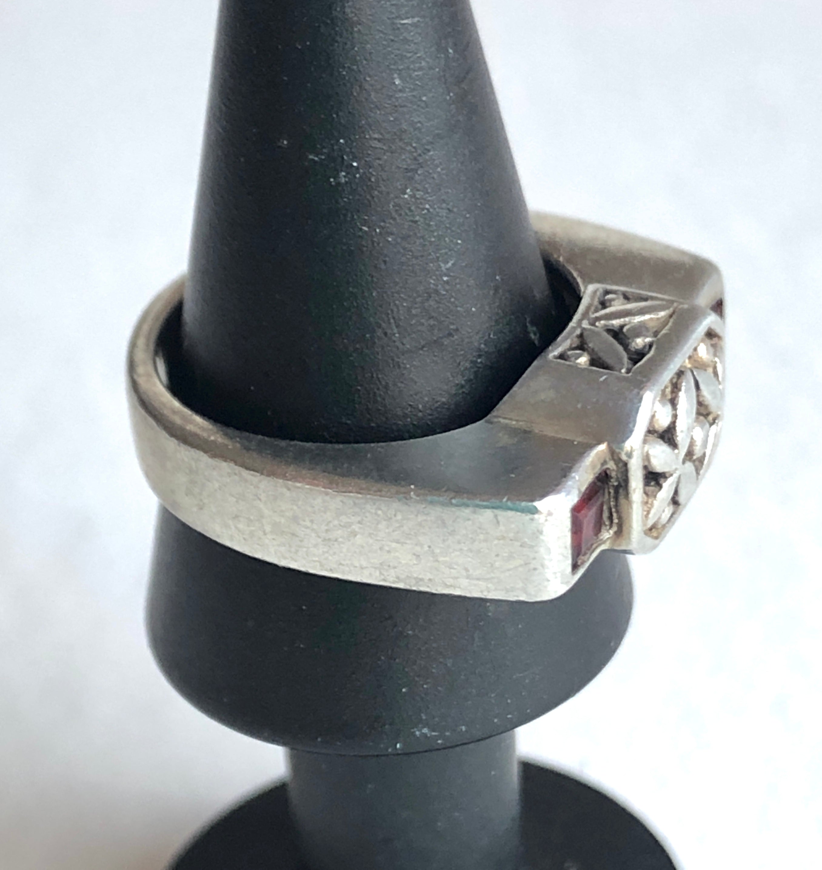 Vintage Stamped Brighton Carved 925 Sterling and Garnet Ring, Size 6