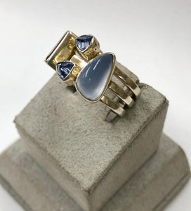 Pre-Owned Lilly Barrack 925 Triple Band Sterling and Topaz Statement Ring, Size 6.5