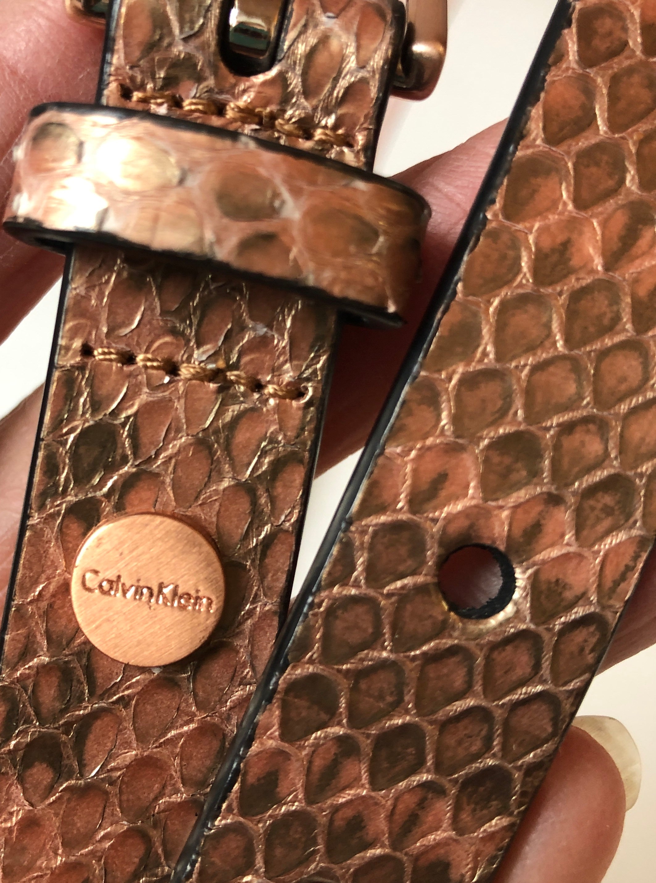 Calvin Klein Metallic Reptile Embossed Leather Slim Belt, Size Medium