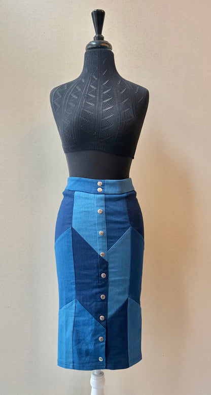 Gracia Blue Patchwork Pencil Skirt - Size Small