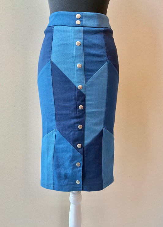 Gracia Blue Patchwork Pencil Skirt - Size Small