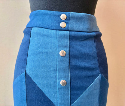 Gracia Blue Patchwork Pencil Skirt - Size Small