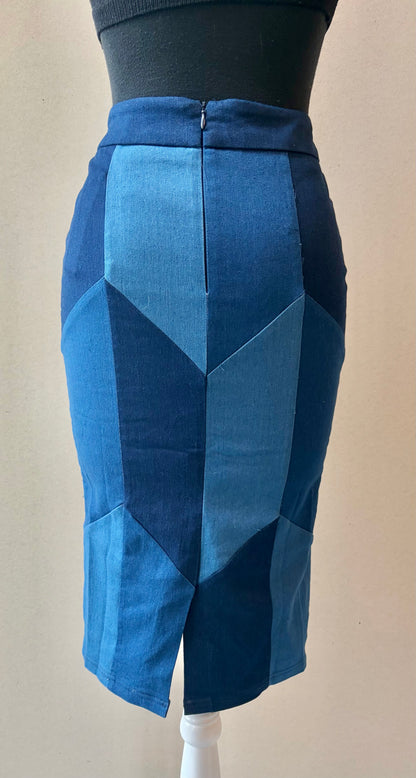 Gracia Blue Patchwork Pencil Skirt - Size Small