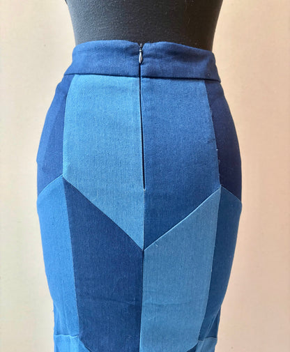 Gracia Blue Patchwork Pencil Skirt - Size Small