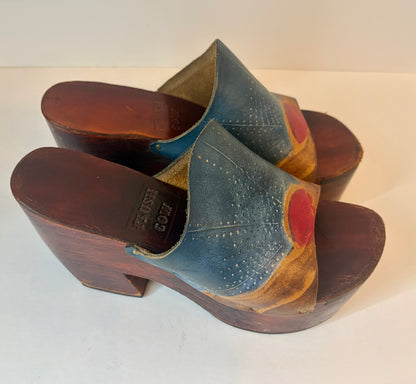 Plush Cow RARE Vintage 70s Printed Leather Platform Wood Clog | Size Women's 8