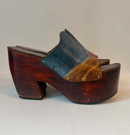 Plush Cow RARE Vintage 70s Printed Leather Platform Wood Clog | Size Women's 8