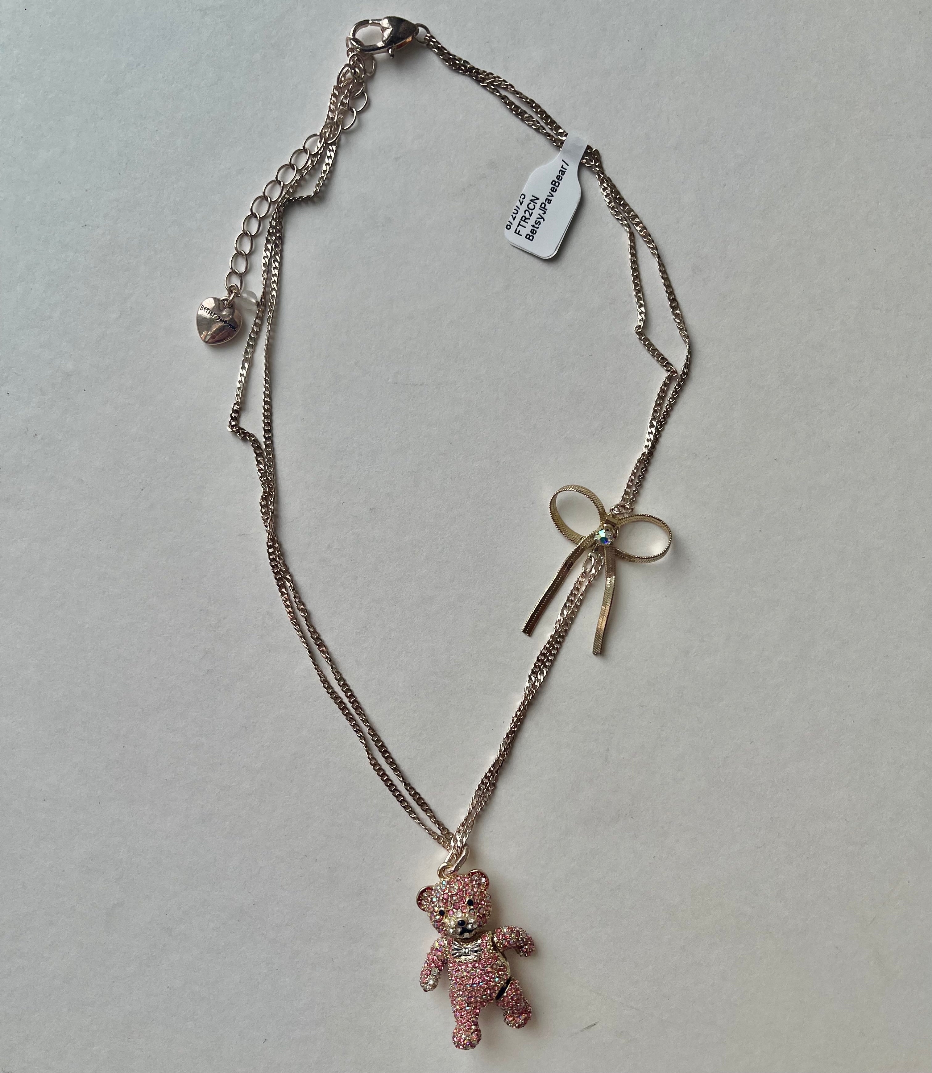 Betsey Johnson Pink Pavé Bear Pendant Necklace