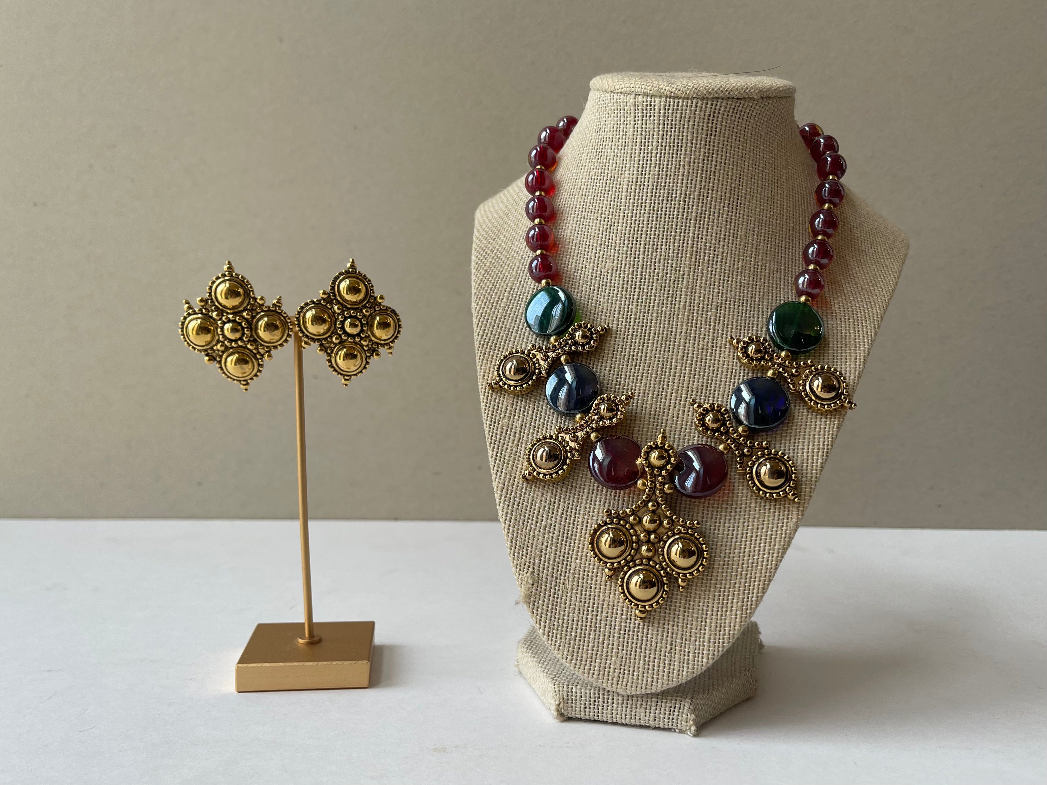 Boho Ornate Glass Beaded Statement Necklace & Earrings Set