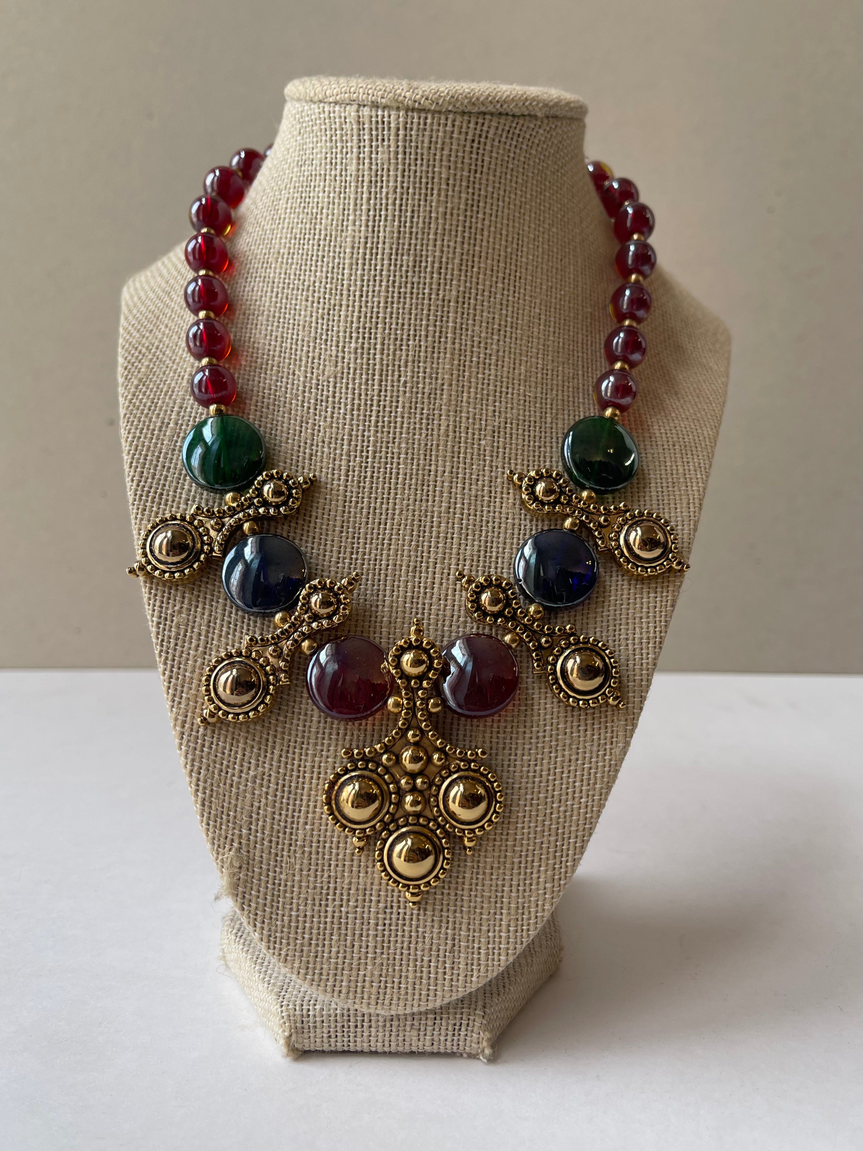 Boho Ornate Glass Beaded Statement Necklace & Earrings Set