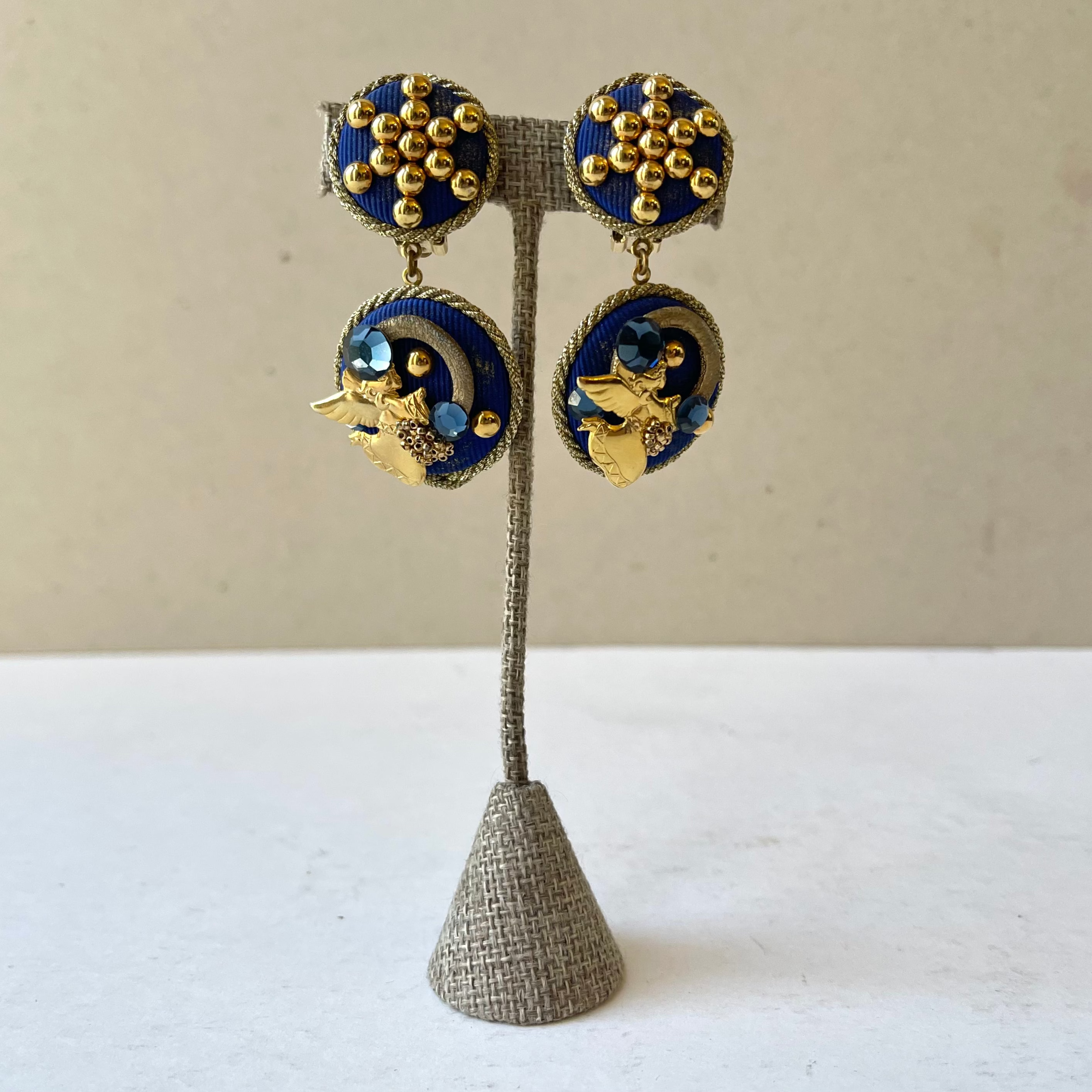Angel Decal Blue & Gold Clip-On Earrings
