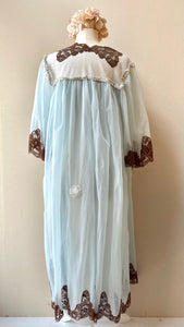 50s Vintage Blue & Brown Lace Ruffle Nightgown