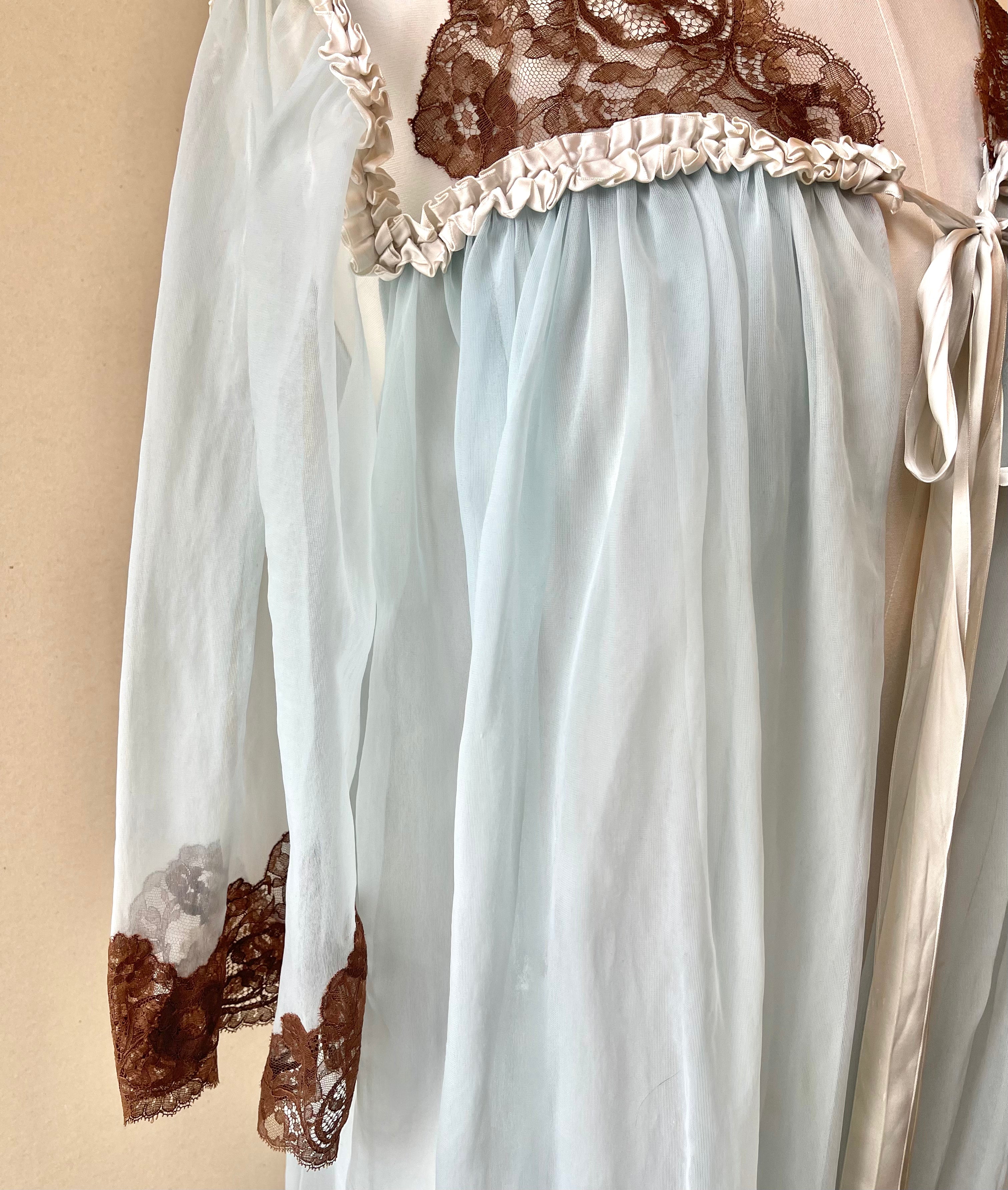 50s Vintage Blue & Brown Lace Ruffle Nightgown