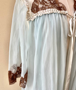 50s Vintage Blue & Brown Lace Ruffle Nightgown