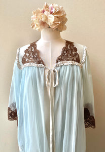 50s Vintage Blue & Brown Lace Ruffle Nightgown