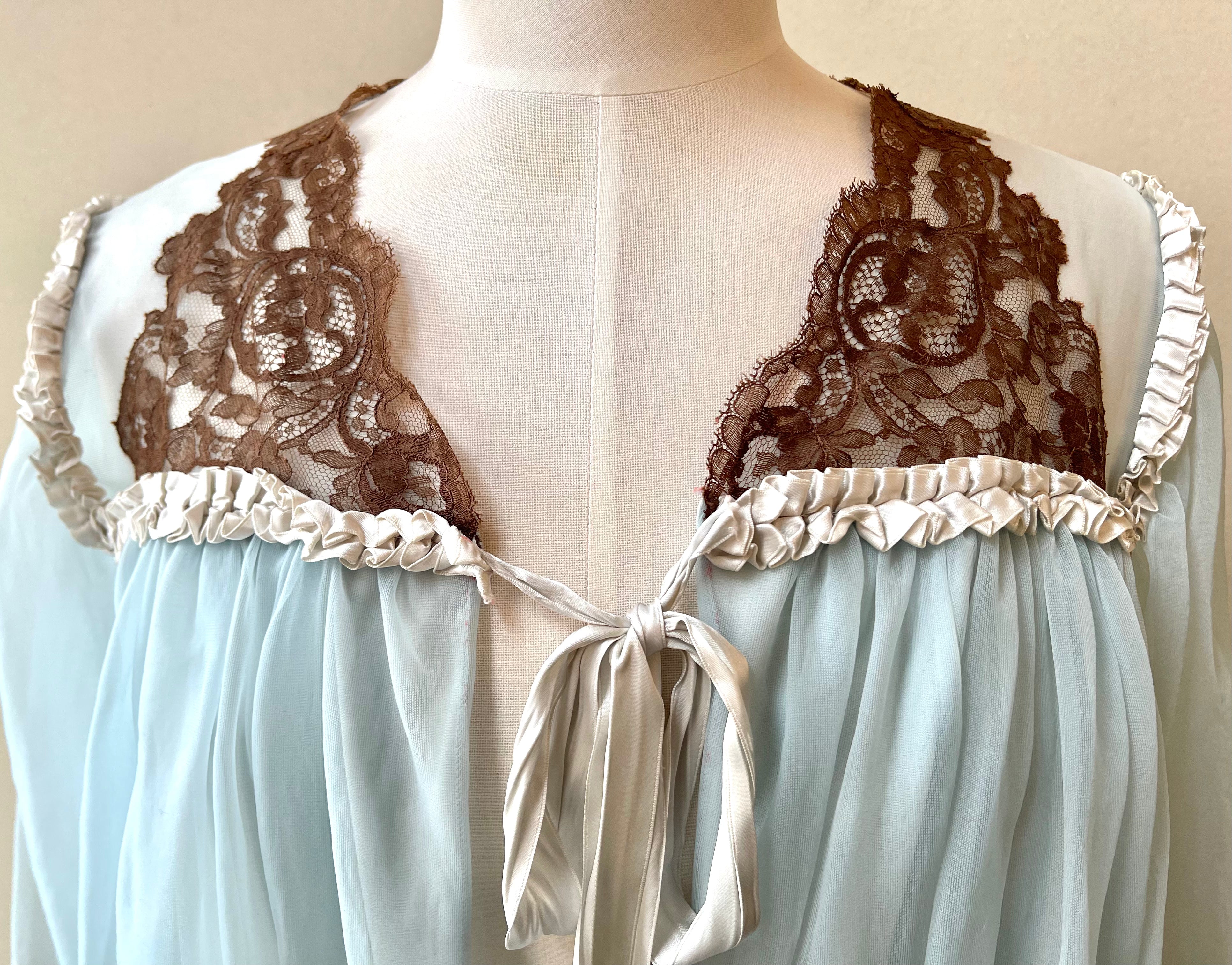50s Vintage Blue & Brown Lace Ruffle Nightgown