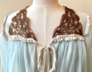 50s Vintage Blue & Brown Lace Ruffle Nightgown