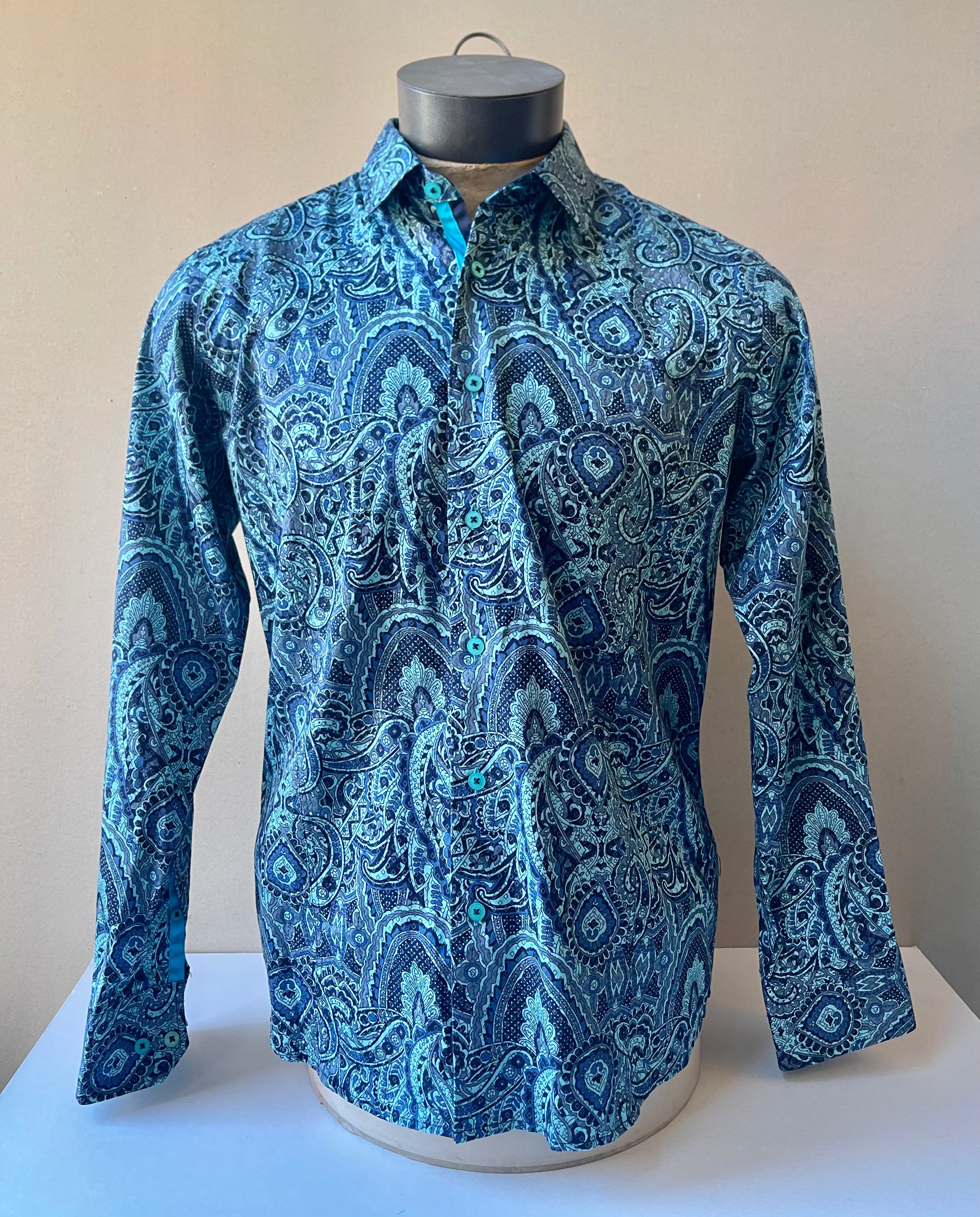 Barabas Paisley Aqua Button-Up Shirt - Size Large