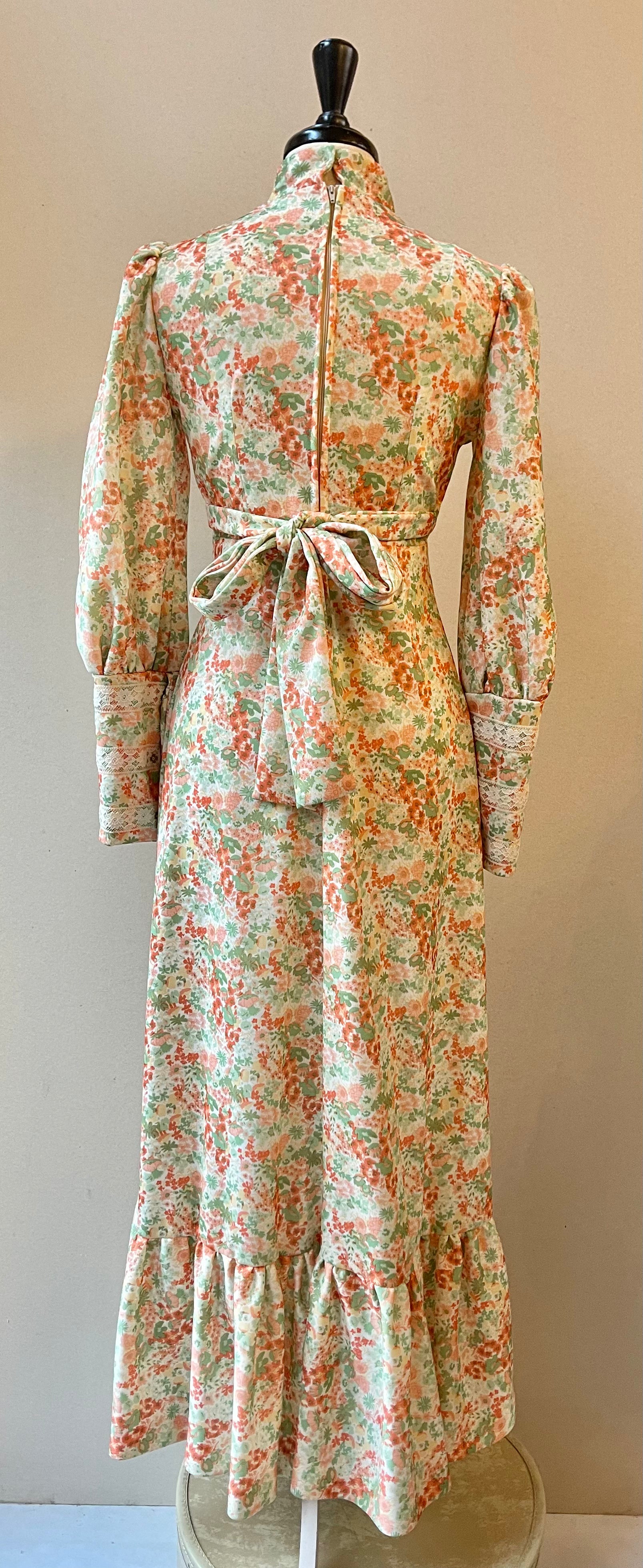 Handmade 70s Floral Lace Maxi Dress | Size M