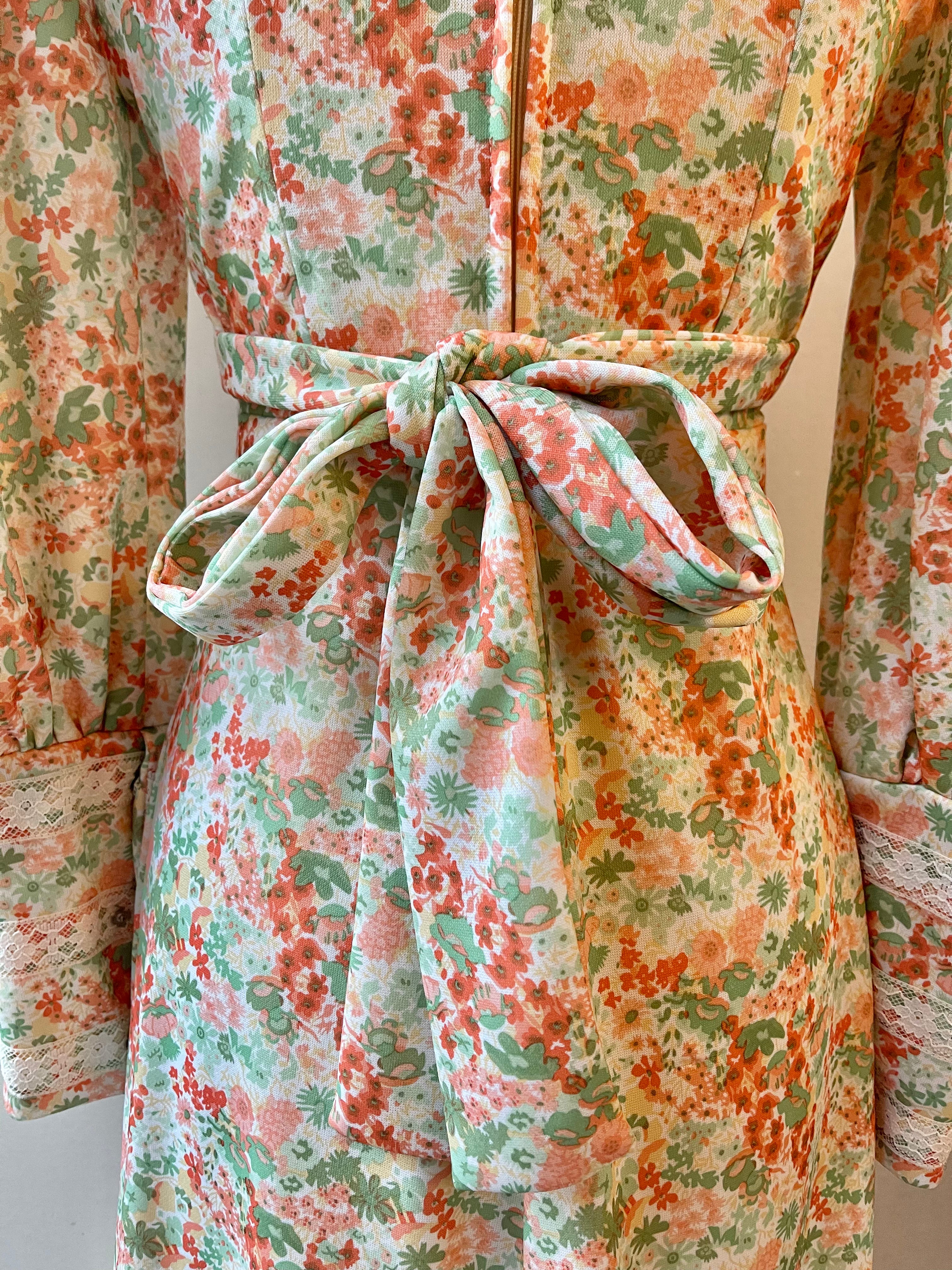 Handmade 70s Floral Lace Maxi Dress | Size M