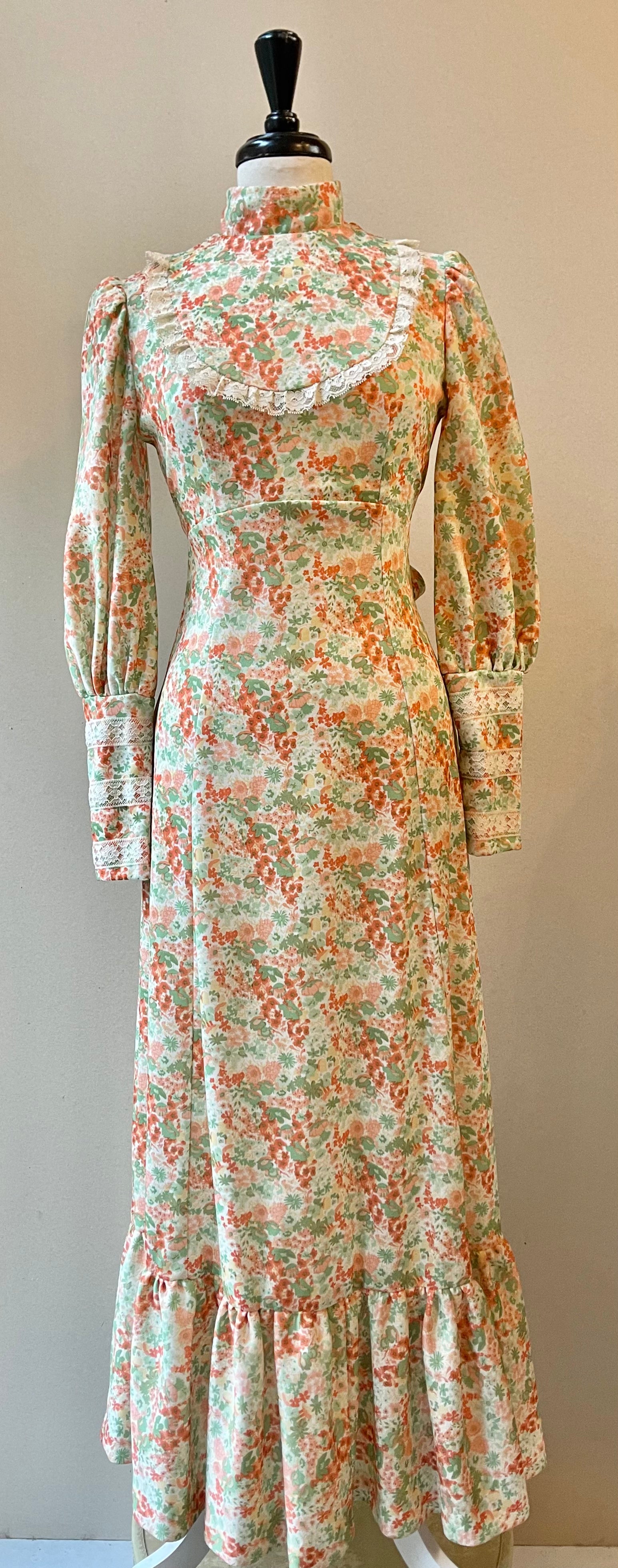 Handmade 70s Floral Lace Maxi Dress | Size M
