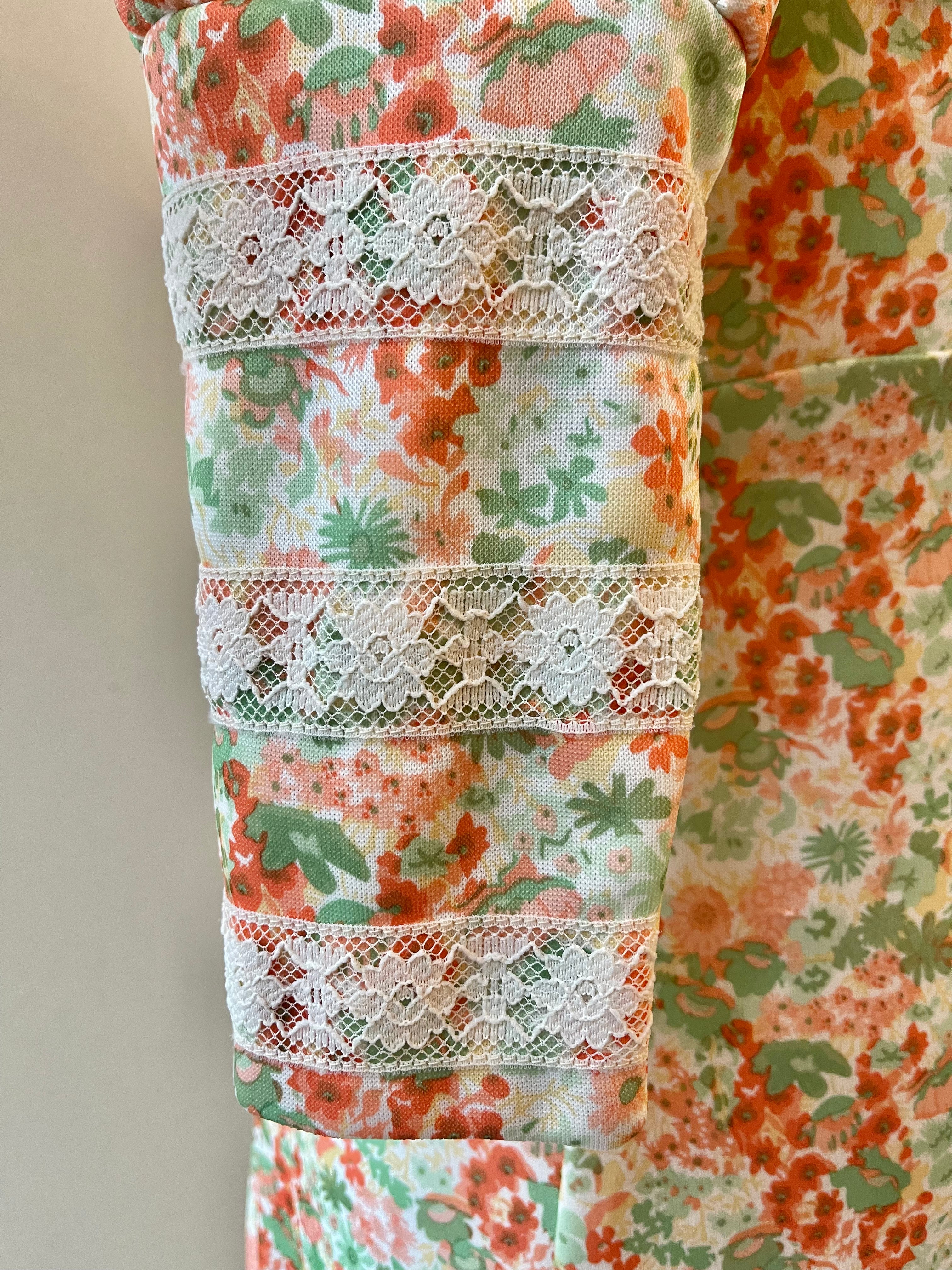 Handmade 70s Floral Lace Maxi Dress | Size M