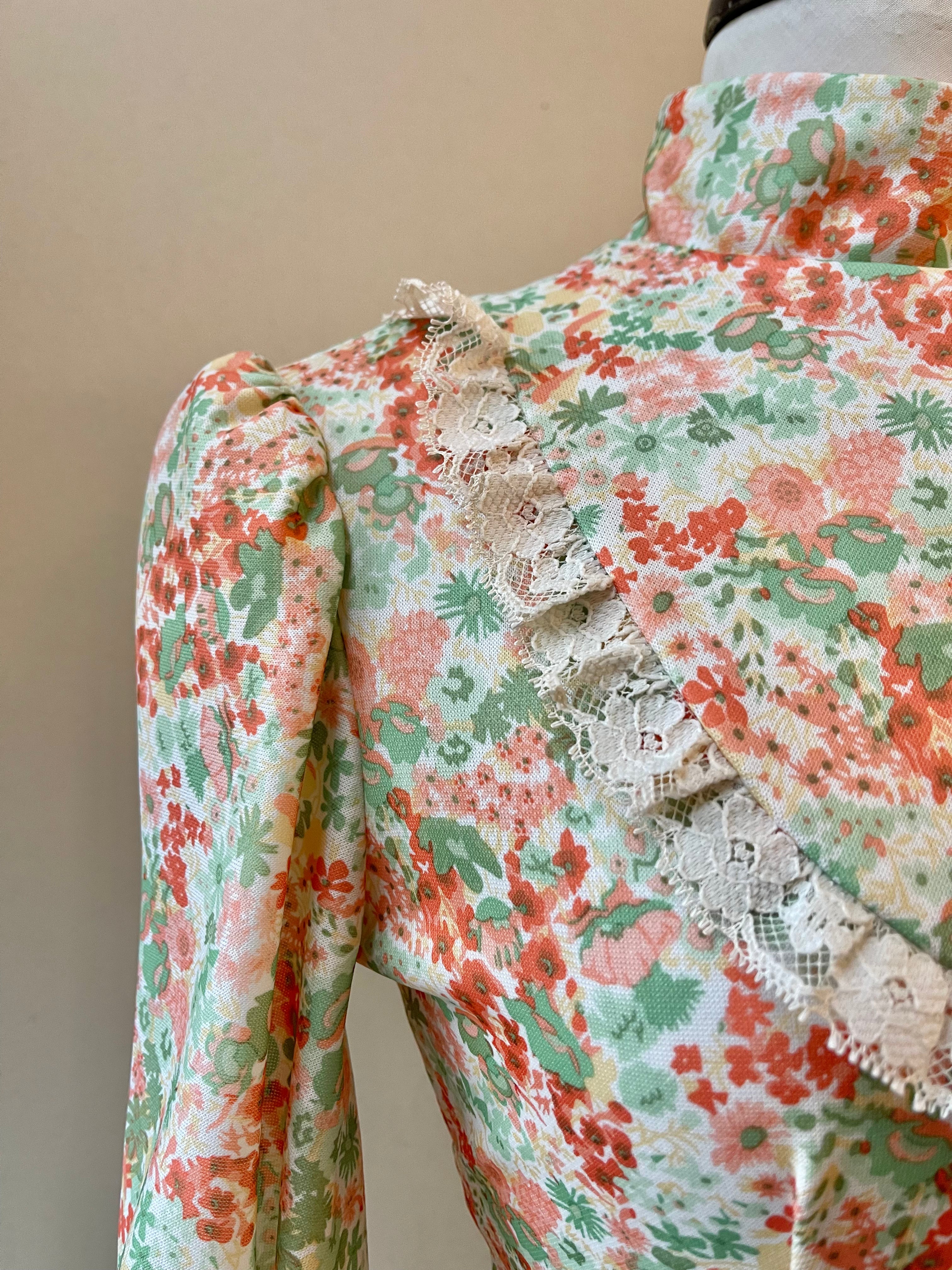 Handmade 70s Floral Lace Maxi Dress | Size M