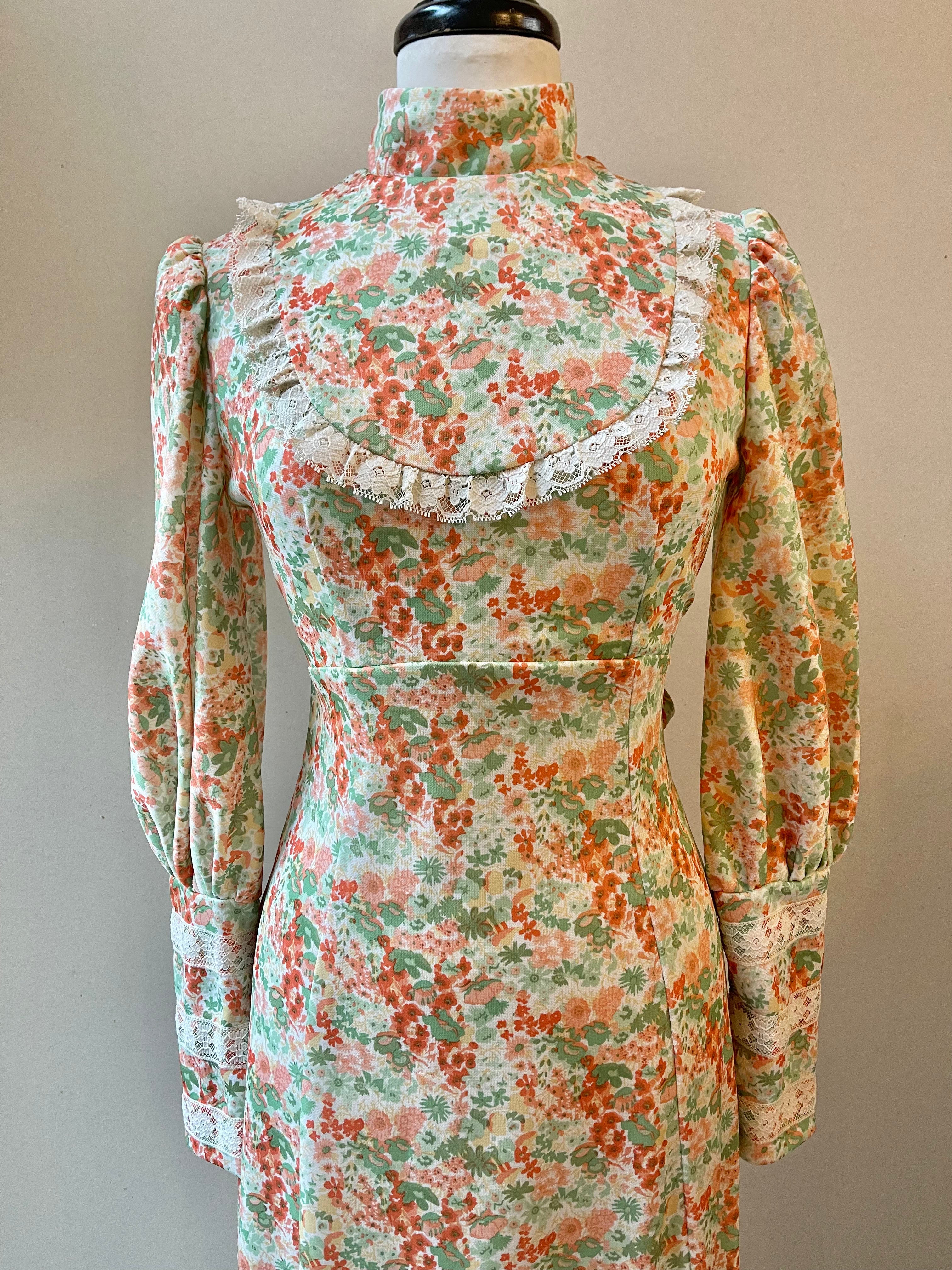 Handmade 70s Floral Lace Maxi Dress | Size M