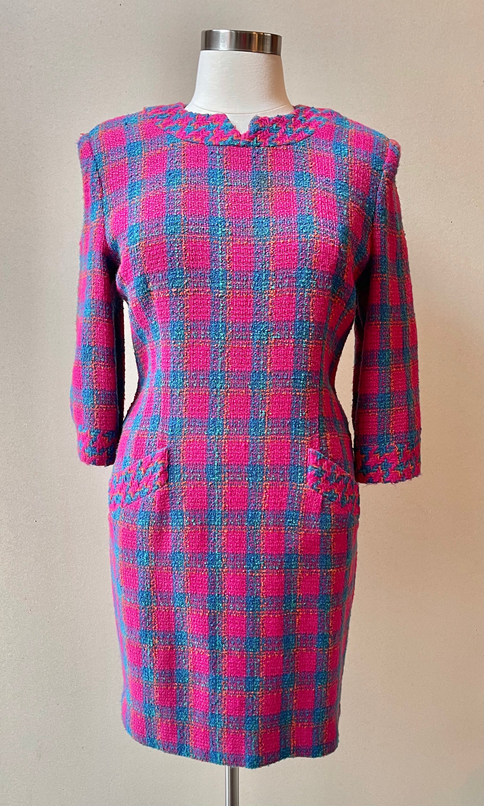 90’s Maggy London Tweed Fuchsia & Blue Pocket Sheath Dress | Size 14