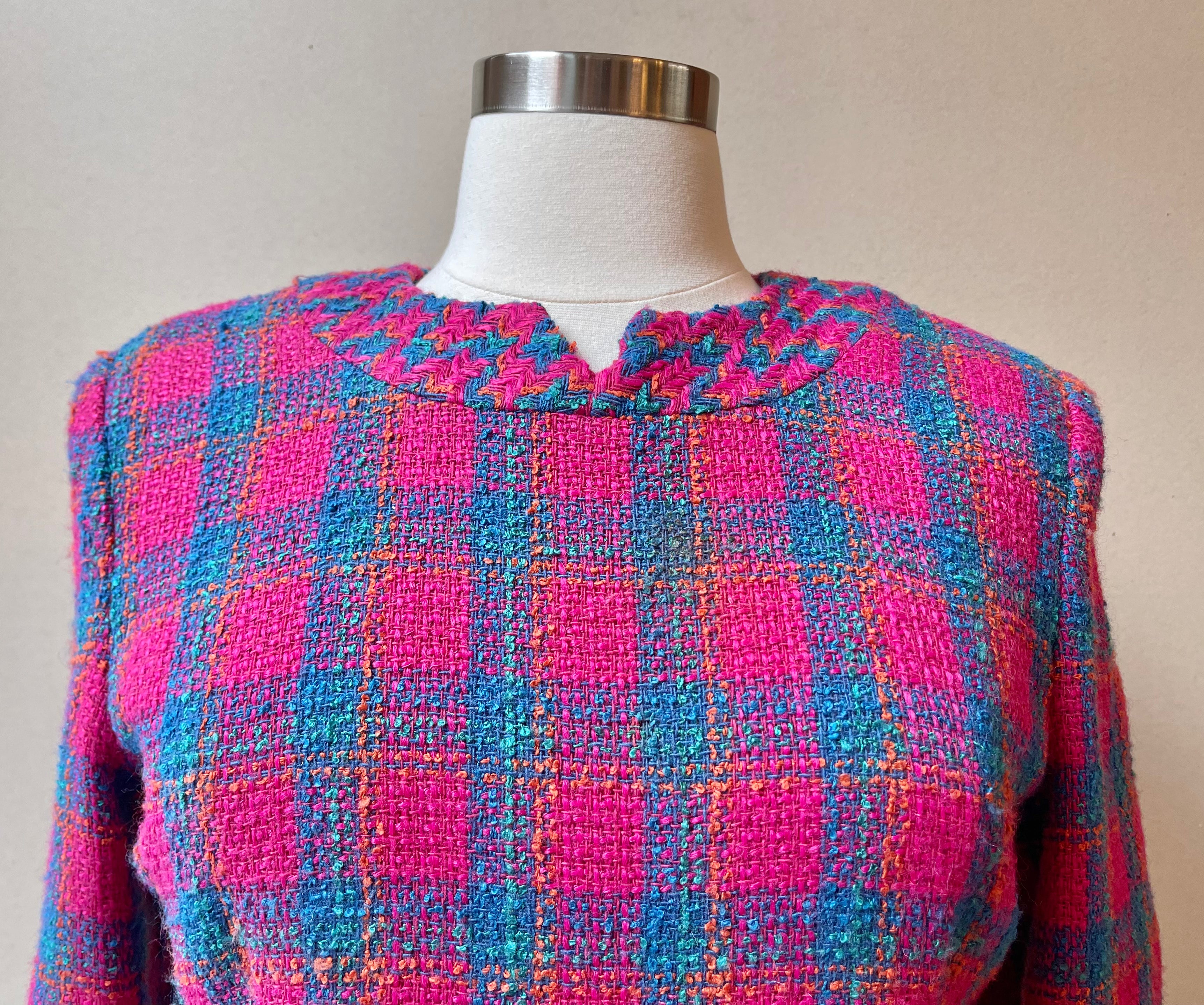 90’s Maggy London Tweed Fuchsia & Blue Pocket Sheath Dress | Size 14