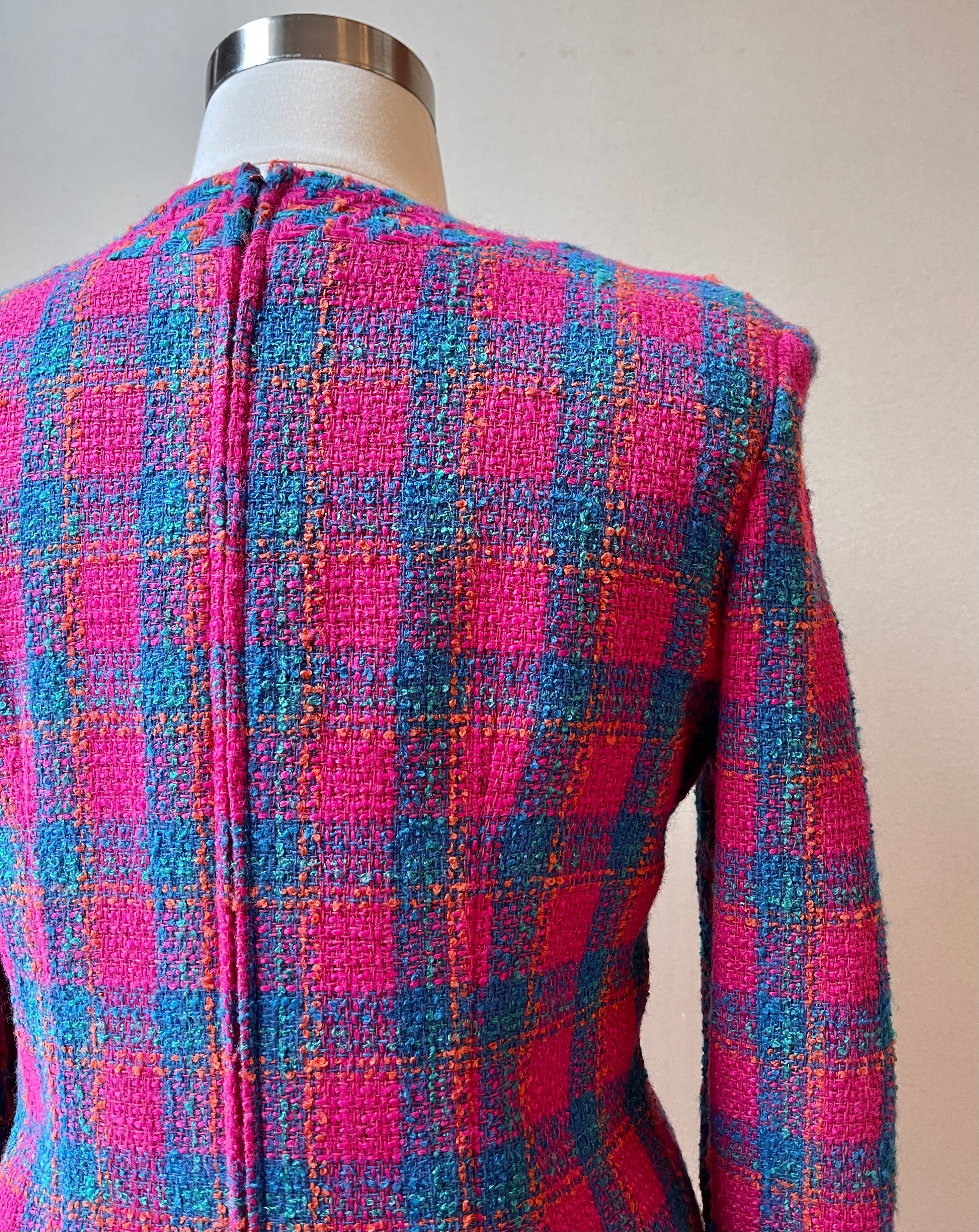 90’s Maggy London Tweed Fuchsia & Blue Pocket Sheath Dress | Size 14