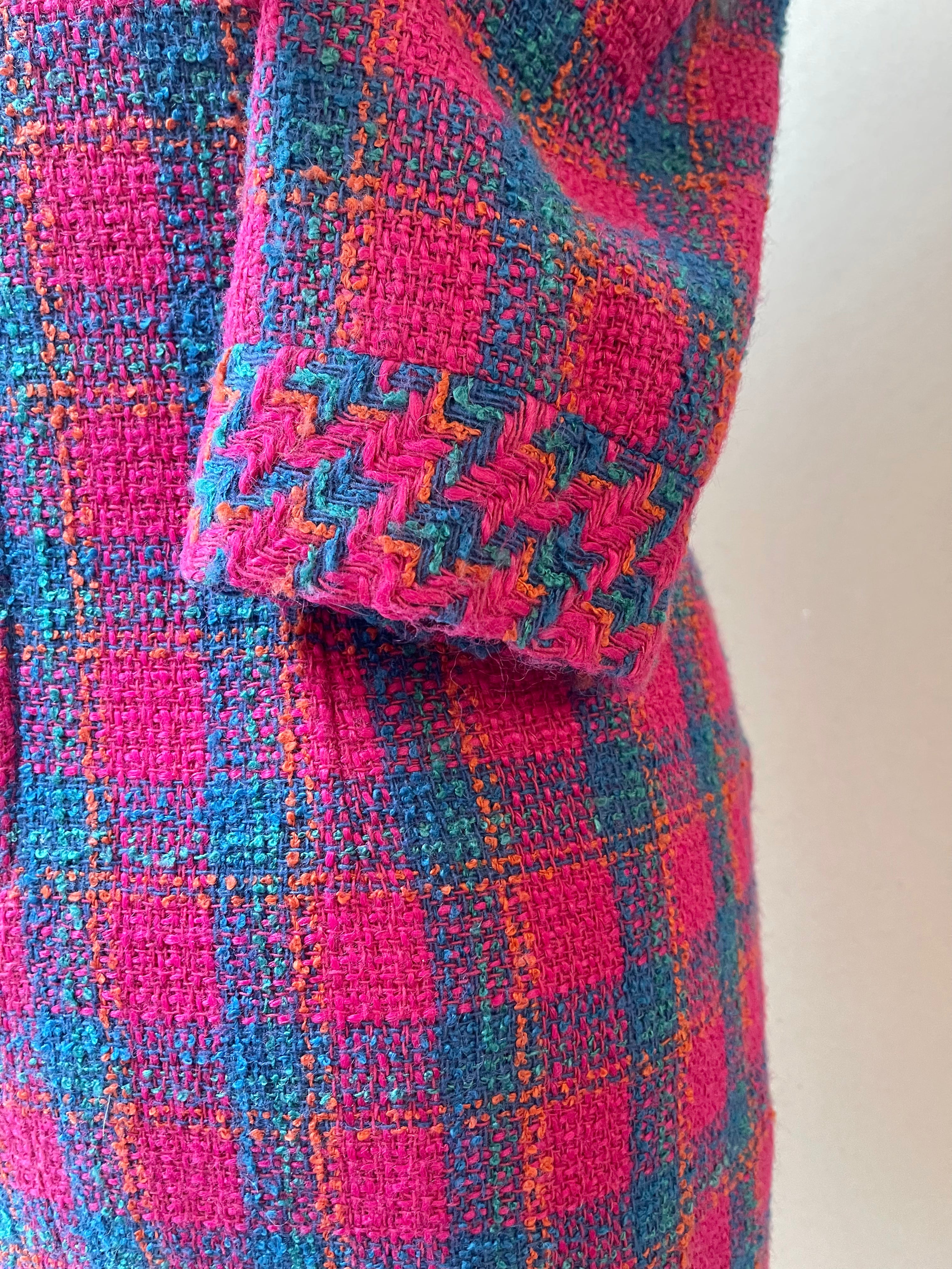 90’s Maggy London Tweed Fuchsia & Blue Pocket Sheath Dress | Size 14