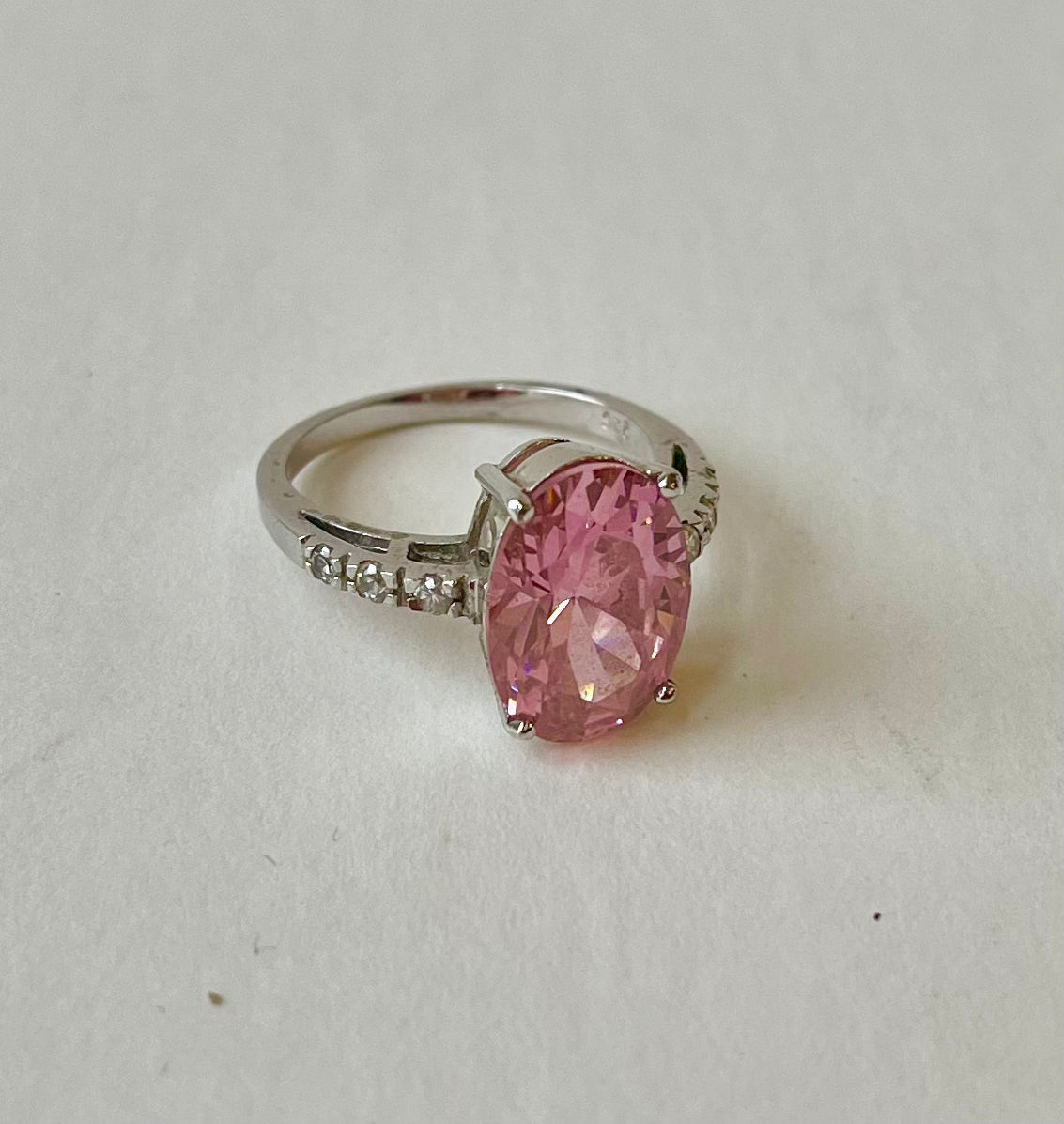 Pink Oval Cut Stone & Pavé set CZ 925 Silver Fashion Ring, Size 8
