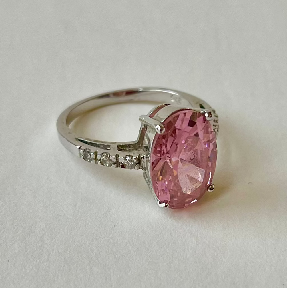Pink Oval Cut Stone & Pavé set CZ 925 Silver Fashion Ring, Size 8