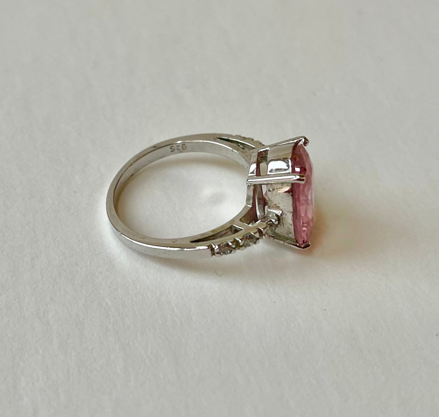 Pink Oval Cut Stone & Pavé set CZ 925 Silver Fashion Ring, Size 8