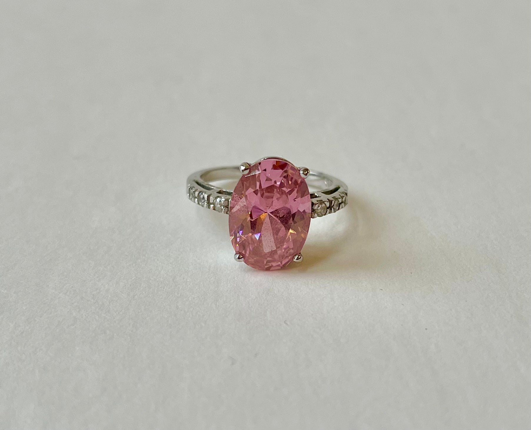 Pink Oval Cut Stone & Pavé set CZ 925 Silver Fashion Ring, Size 8