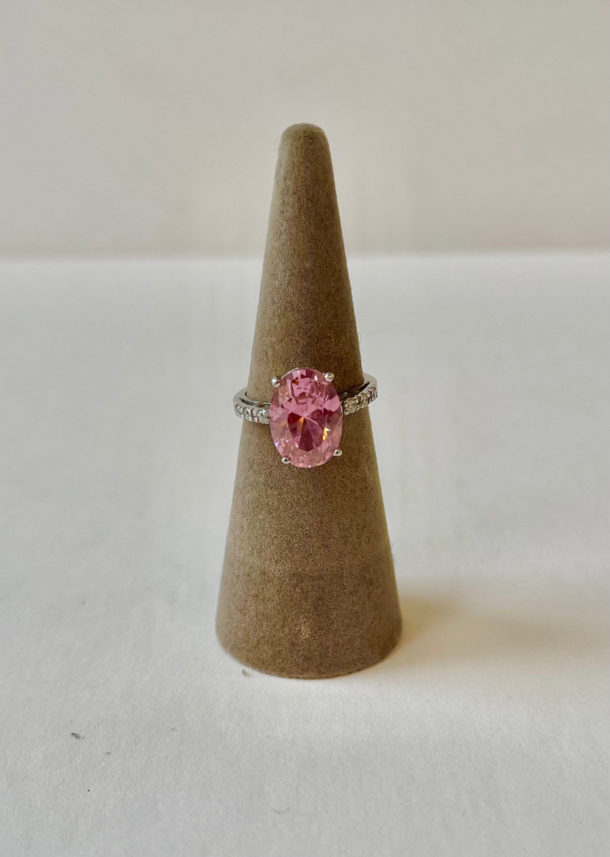 Pink Oval Cut Stone & Pavé set CZ 925 Silver Fashion Ring, Size 8
