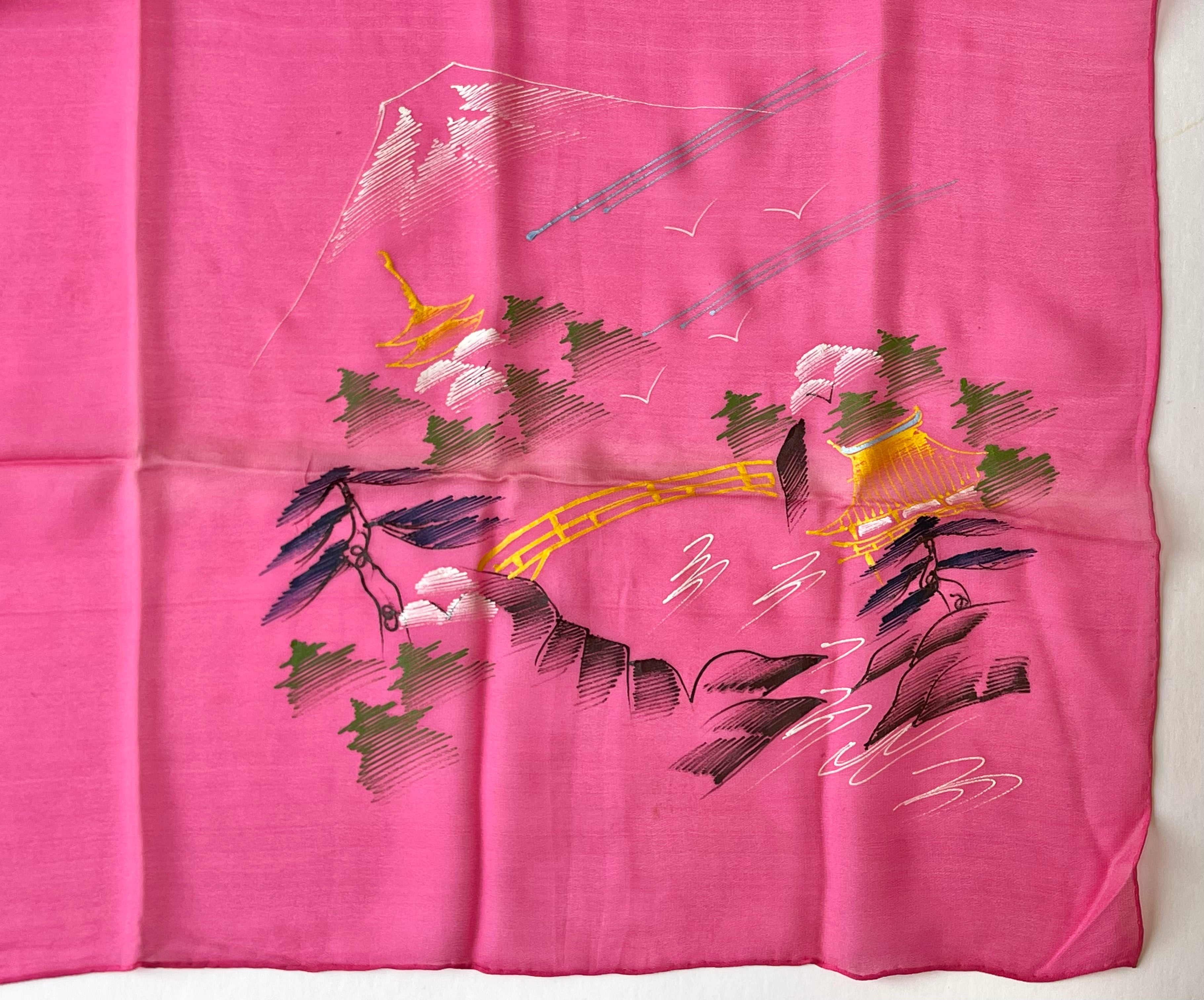 Vintage Silk Crepe Hand-Painted Print Square Scarf