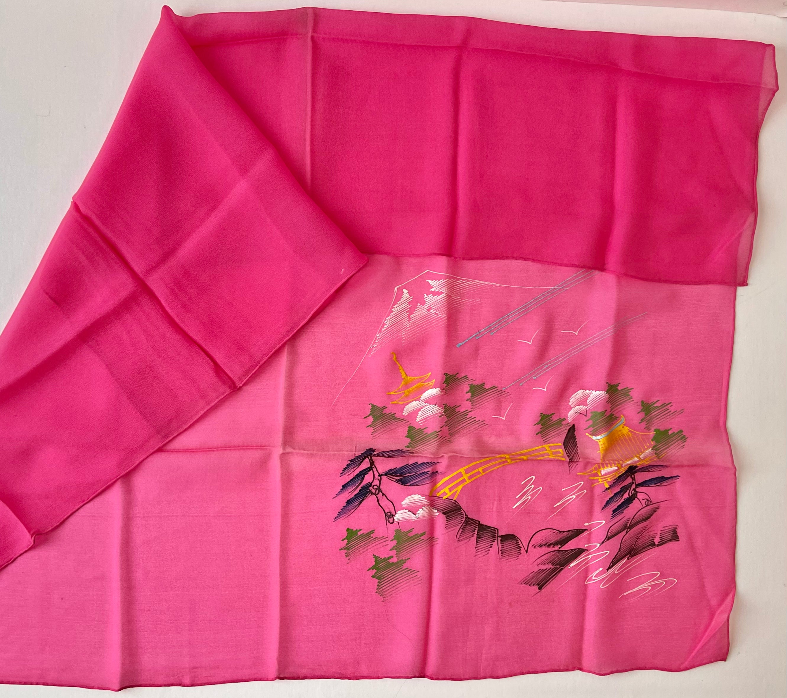 Vintage Silk Crepe Hand-Painted Print Square Scarf